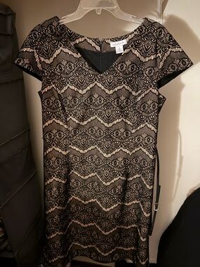 Liz Claiborne Black Lace Overlay on Nude Midi Dress